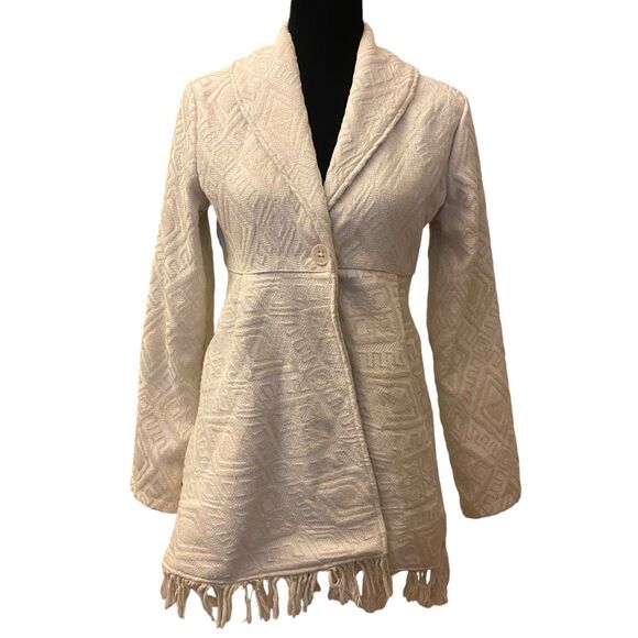 Billabong Off White Aztec Print Fringe Button Coat Jacket Size M - Picture 1 of 15